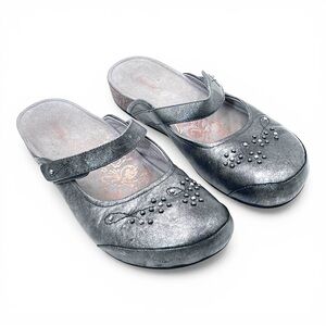 Aetrex Amanda Pewter Leather Orthopedic Mule Mary Jane Clog Comfort Shoes Size 9